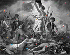 Delacroix: Die Freiheit führt das Volk, aufgelöst in schwarz-weißer Pixelstruktur mit wenigen farbigen Pixeln, als Triptychon konzipiert