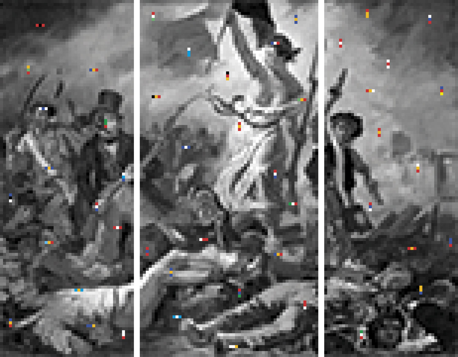 Delacroix: Die Freiheit führt das Volk, aufgelöst in schwarz-weißer Pixelstruktur mit wenigen farbigen Pixeln, als Triptychon konzipiert