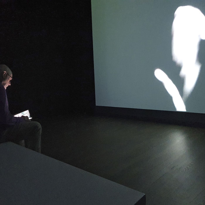 Farbfotografie, die eine lesende Person vor einer Filmleinwand zeigt.